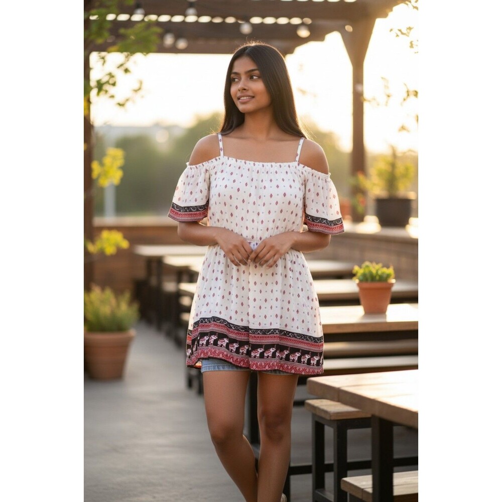 H&M Divided Boho Dress Womens Size 12 White Red Pattern Short Sleeve Mini Dress